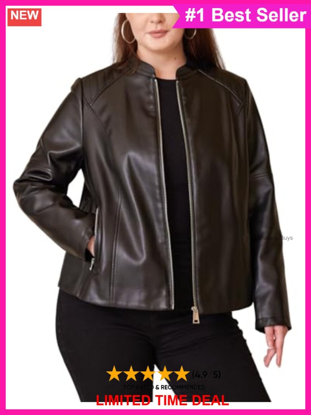 Plus Size Faux Leather Jacket Quilted Shoulder Moto Biker Coat